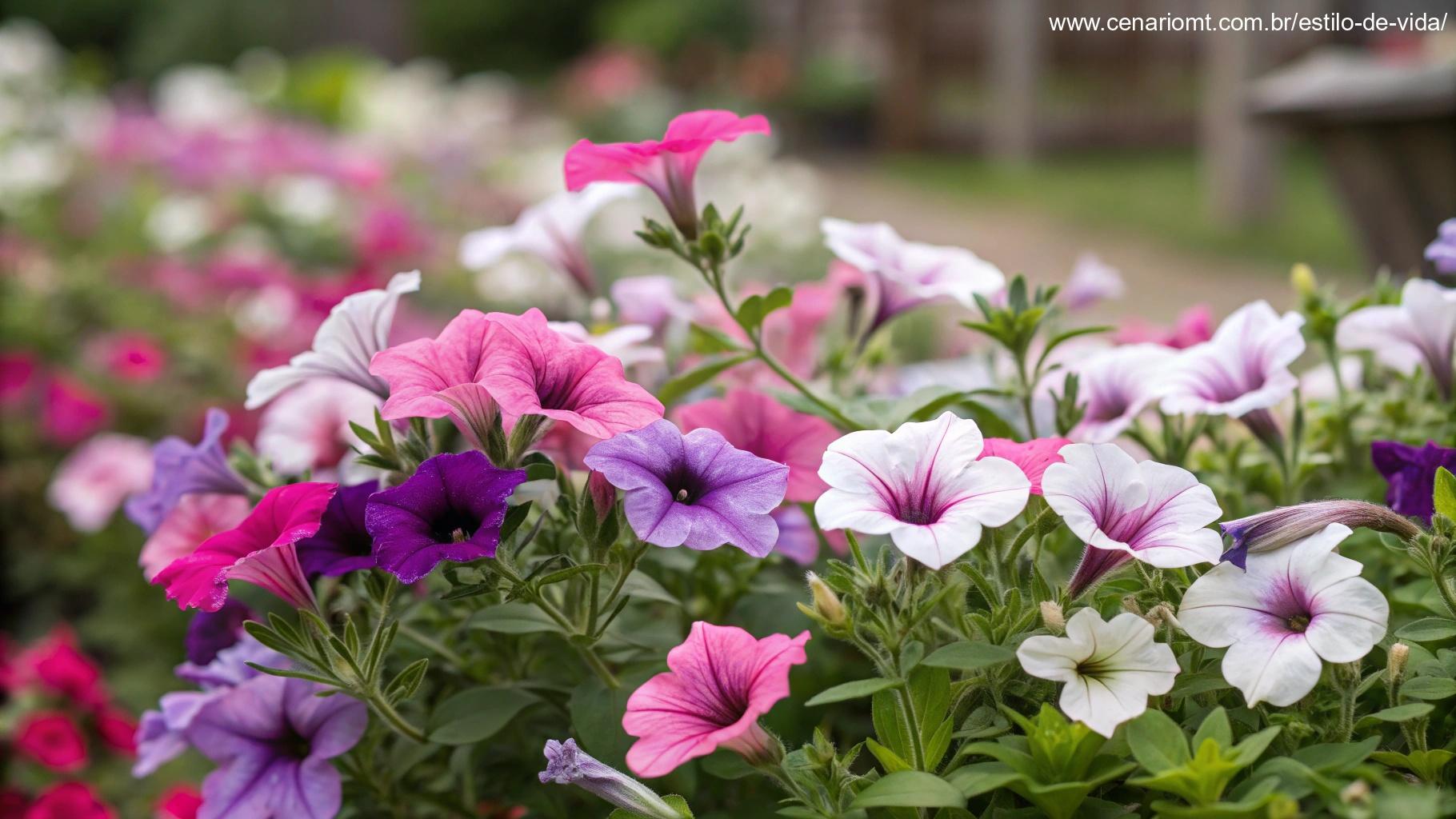 Um jardim cheio de petúnias em várias cores como rosa, roxo e branco, florescendo durante meses.
