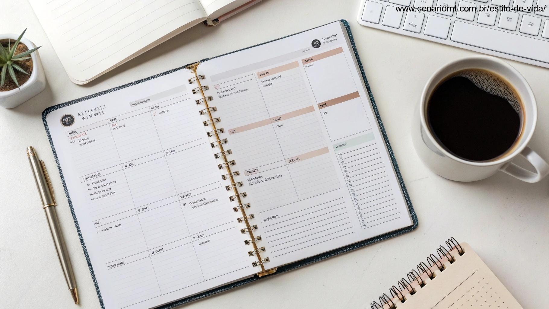 Agenda aberta na mesa com um café ao lado, mostrando um plano diário estruturado.