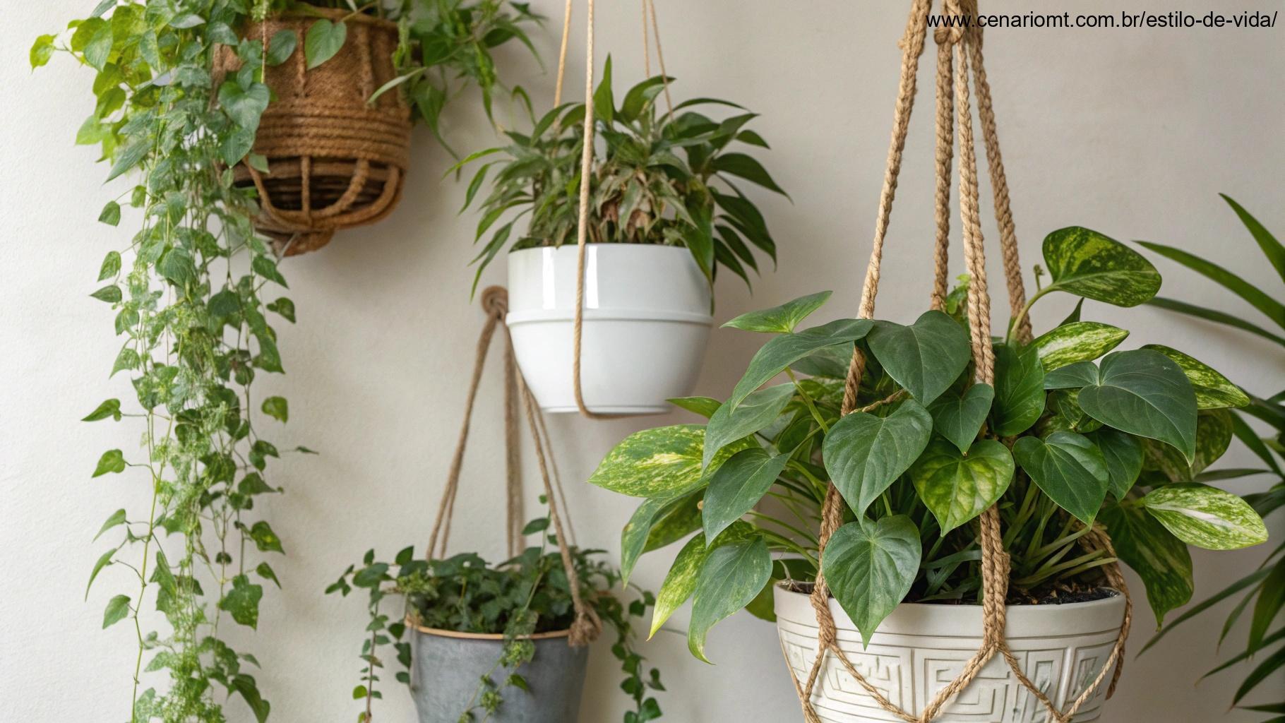 plantas em vasos suspensos de diferentes tamanhos