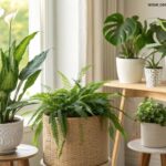 Cinco plantas que purificam o ar dentro de casa, como lírio da paz, espada-de-São-Jorge, jiboia, samambaia e aloe vera, em diferentes cenários internos.