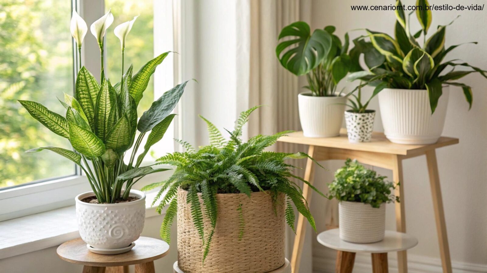 Cinco plantas que purificam o ar dentro de casa, como lírio da paz, espada-de-São-Jorge, jiboia, samambaia e aloe vera, em diferentes cenários internos.