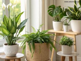 Cinco plantas que purificam o ar dentro de casa, como lírio da paz, espada-de-São-Jorge, jiboia, samambaia e aloe vera, em diferentes cenários internos.