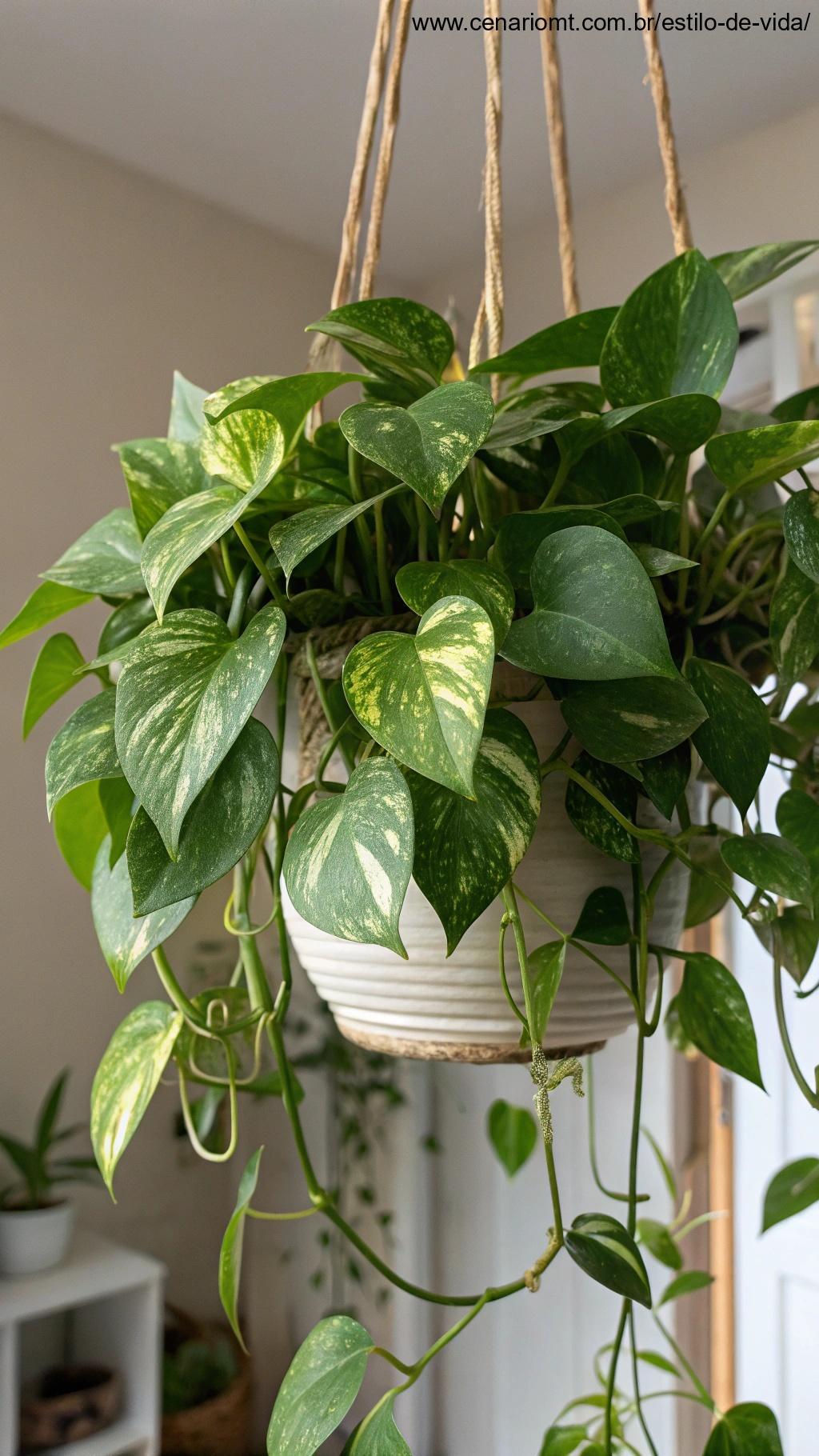 planta pothos fresca e verde em um cesto suspenso balançando suavemente perto de uma janela com luz natural