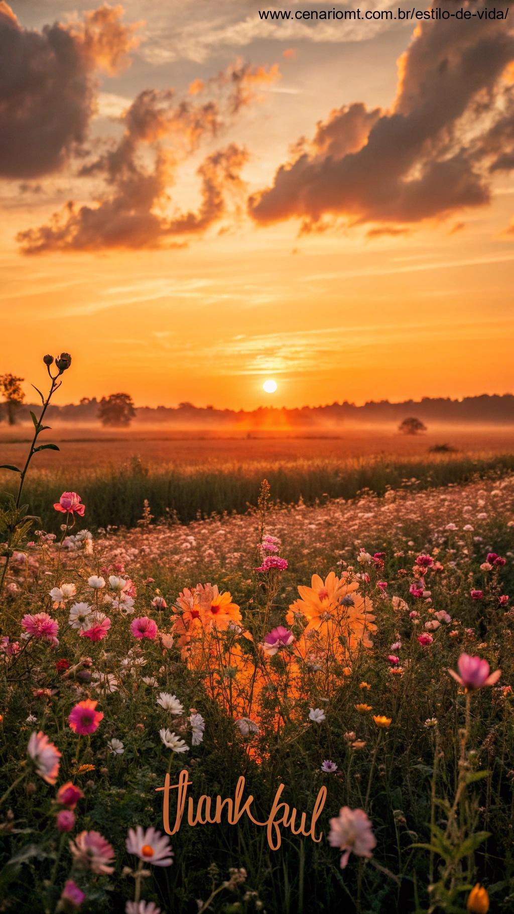 Pôr do sol dourado sobre um campo tranquilo com flores em plena floração.