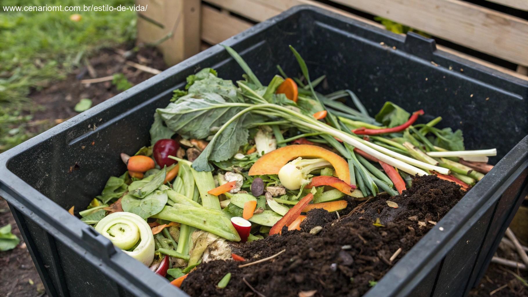 restos de verduras sendo colocados em uma composteira para adubar o solo