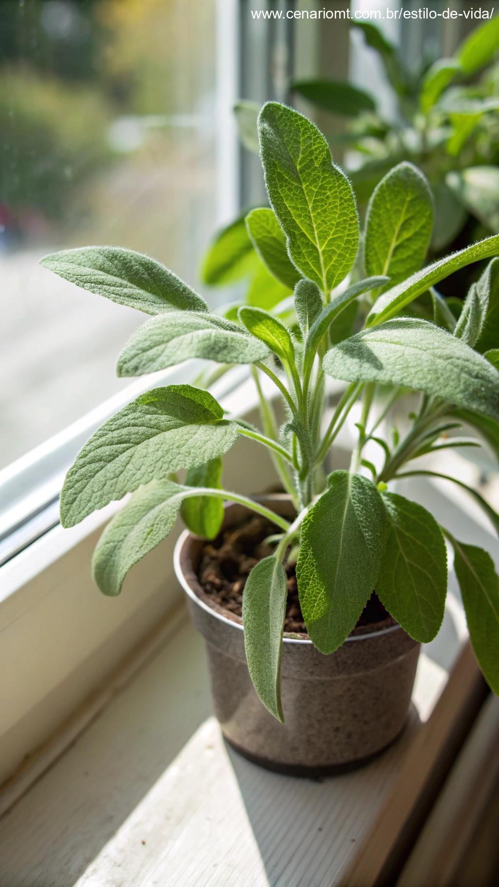 Planta de sálvia com folhas largas e suaves, em um vaso pequeno.