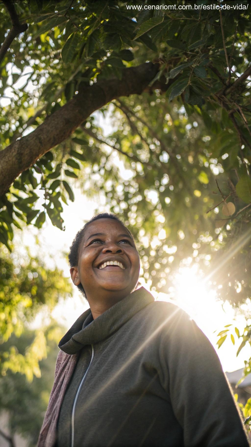 uma pessoa sorrindo embaixo de uma árvore com a luz do sol filtrando pelas folhas