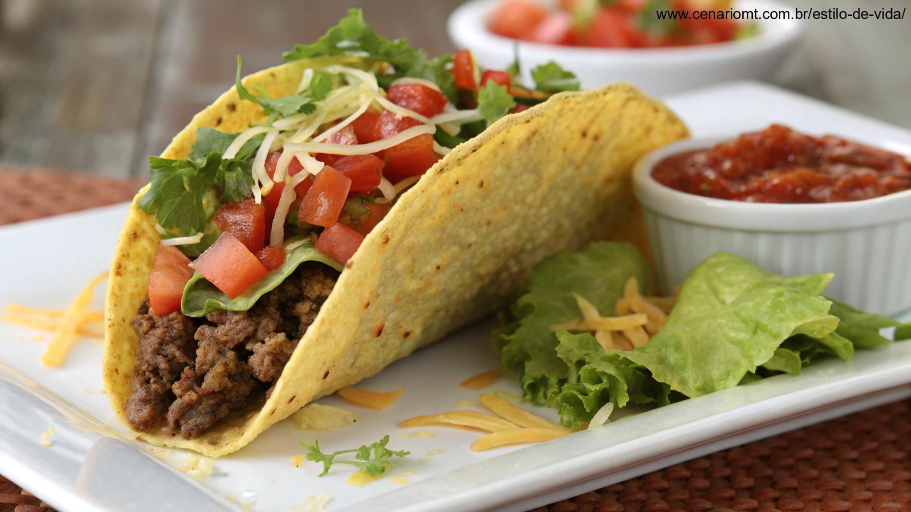 Um taco vibrante recheado com carne moída temperada, alface, tomates e queijo, acompanhado de molho.
