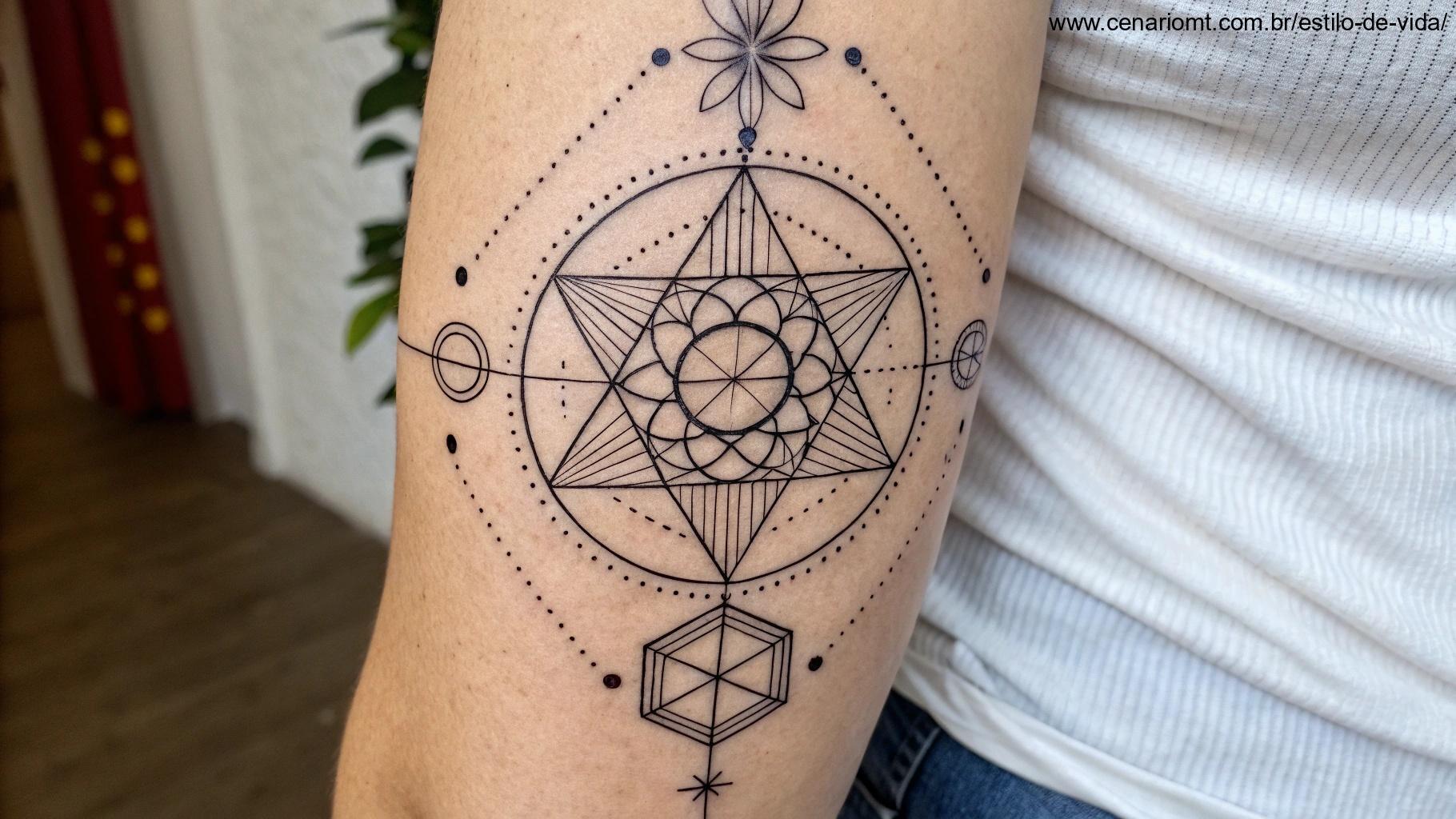 Uma tatuagem geométrica com formas precisas e simétricas