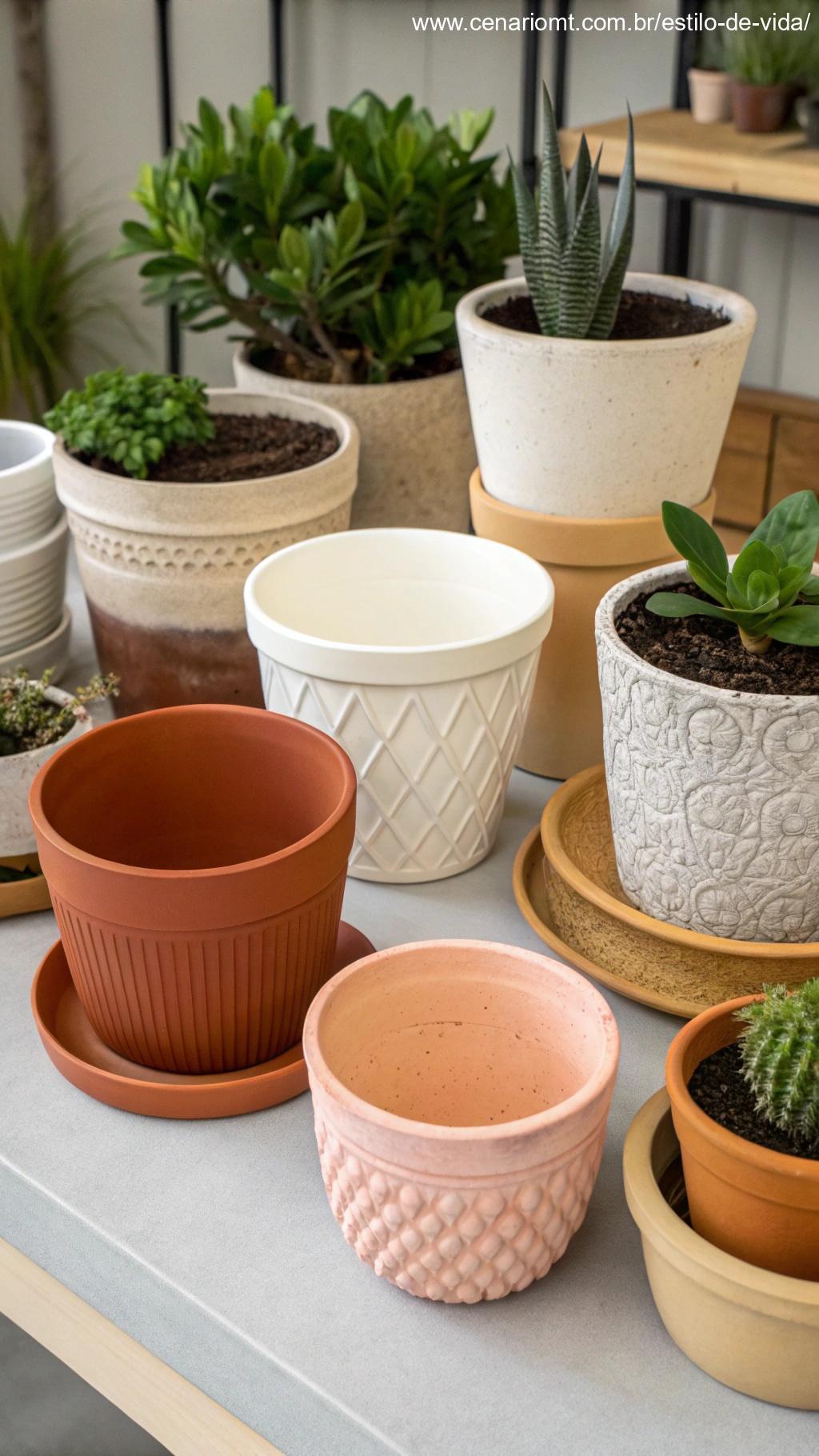 Vasos de plantas de diferentes materiais organizados em uma mesa.