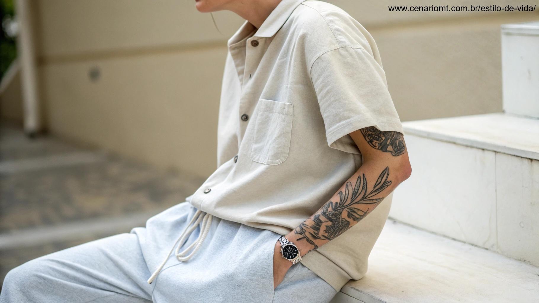 Pessoa usando roupas confortáveis com tatuagem visível no braço