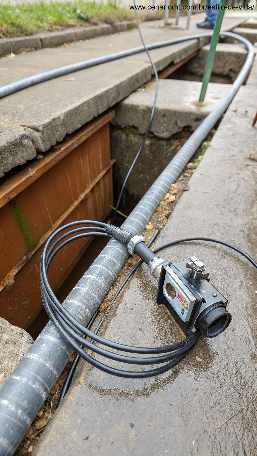 Cabo de aço flexível com uma pequena câmera acoplada, sendo inserido em um cano de dreno limpo e brilhante