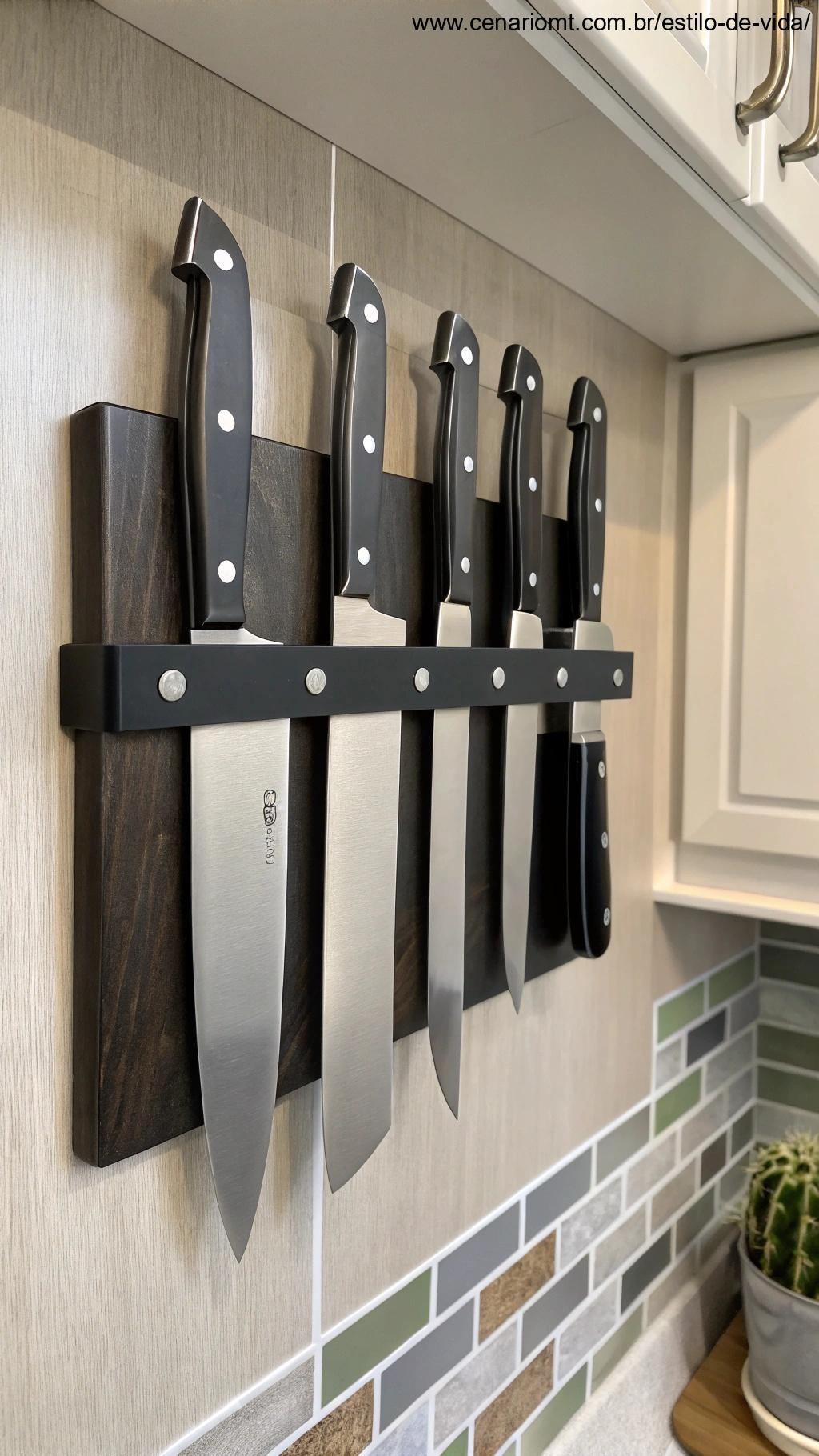 Faixa magnética montada na parede da cozinha, segurando facas de forma organizada