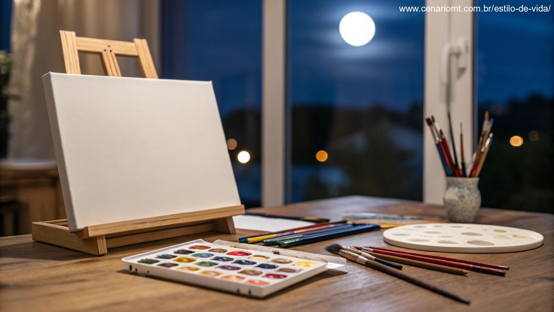 Tela em branco e materiais de arte sob uma lua minguante, simbolizando a crença de que a lua minguante é ruim para iniciar projetos