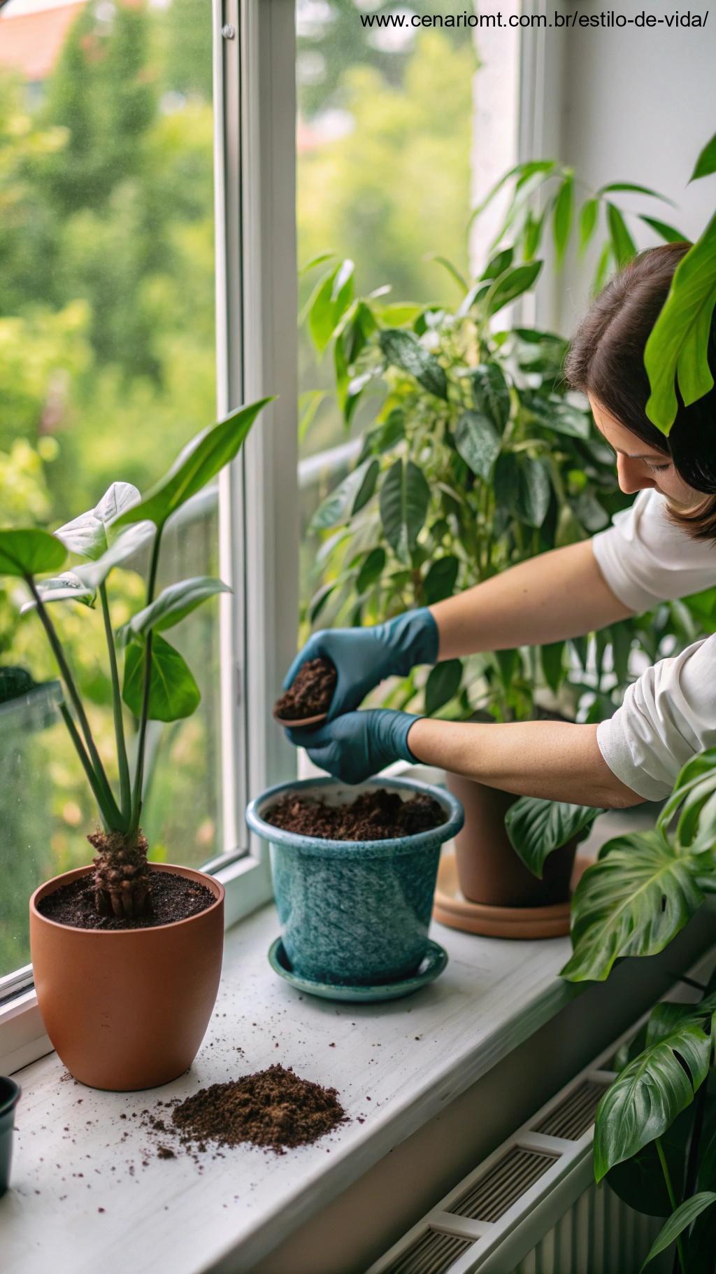 Pessoa adicionando adubo a uma planta em vaso na janela.