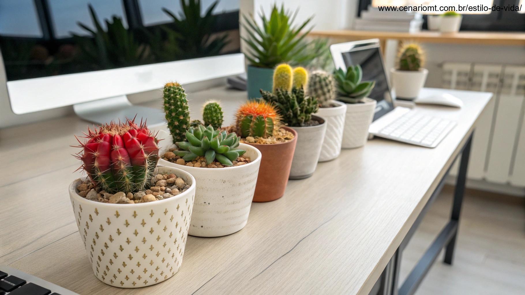 Pequenos cactos vibrantes em vasos decorativos sobre uma mesa de escritório moderna.