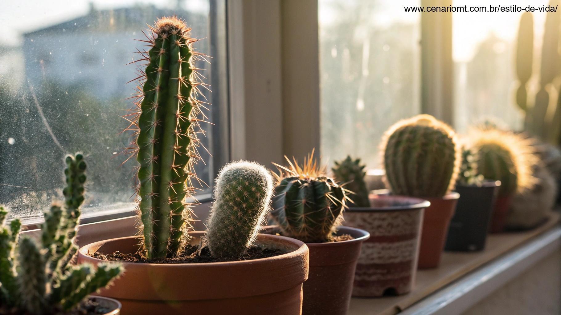 coleção de pequenos cactos organizados na janela, com a luz suave do sol filtrando pelo vidro, mostrando suas formas e texturas únicas