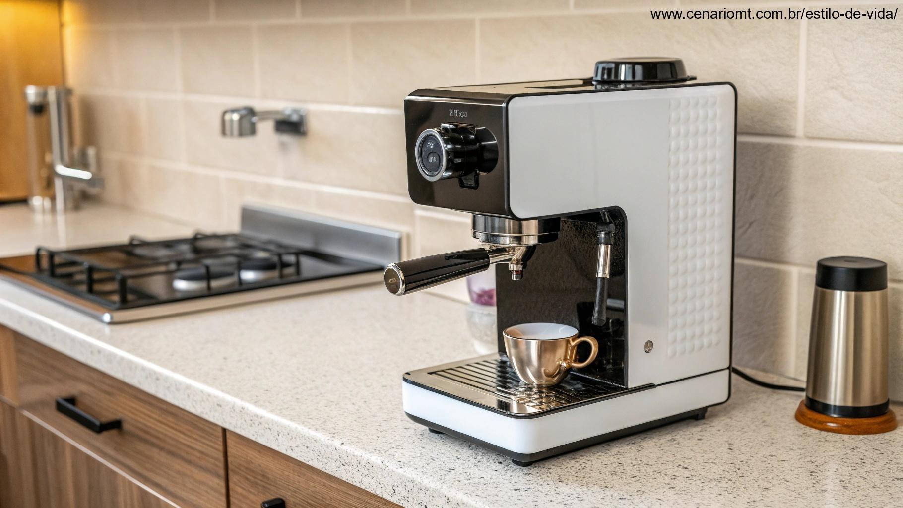 Cafeteira expresso compacta em uma cozinha pequena.