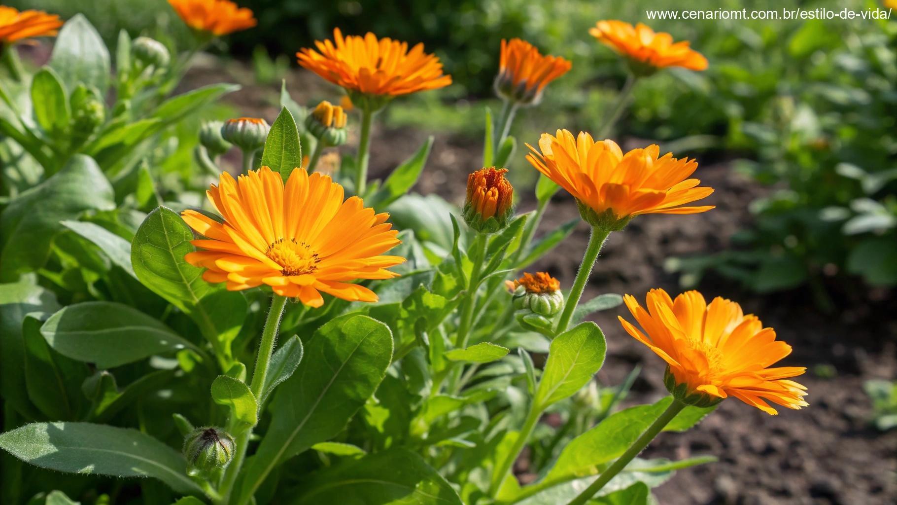 Planta de calêndula com flores laranja brilhante e folhas verdes, florescendo em um jardim ensolarado.