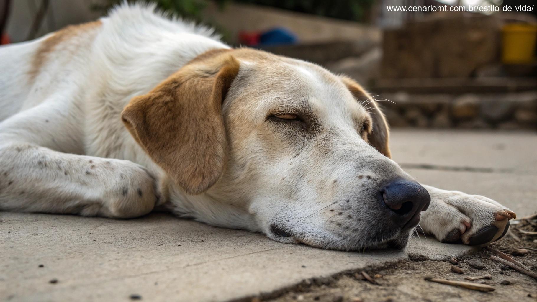cachorro deitado, parecendo exausto e mostrando sinais de letargia