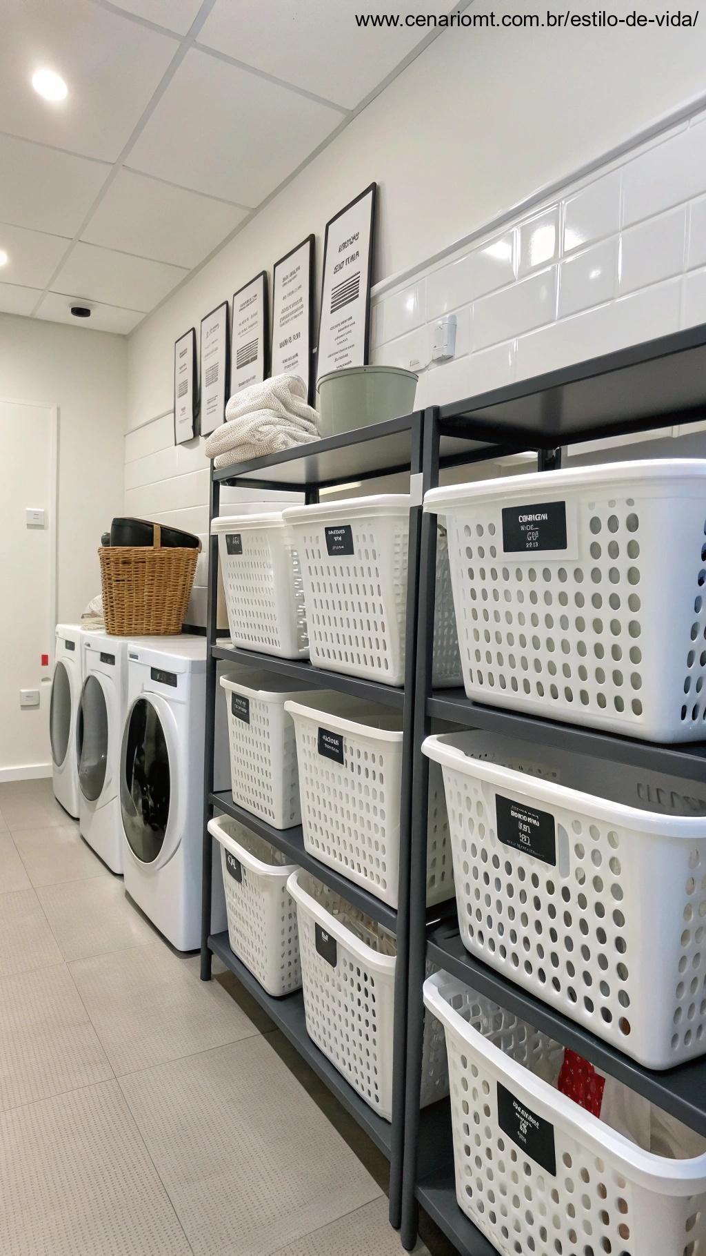 Cestos de roupa com identificação por RFID em uma lavanderia, modernos e práticos