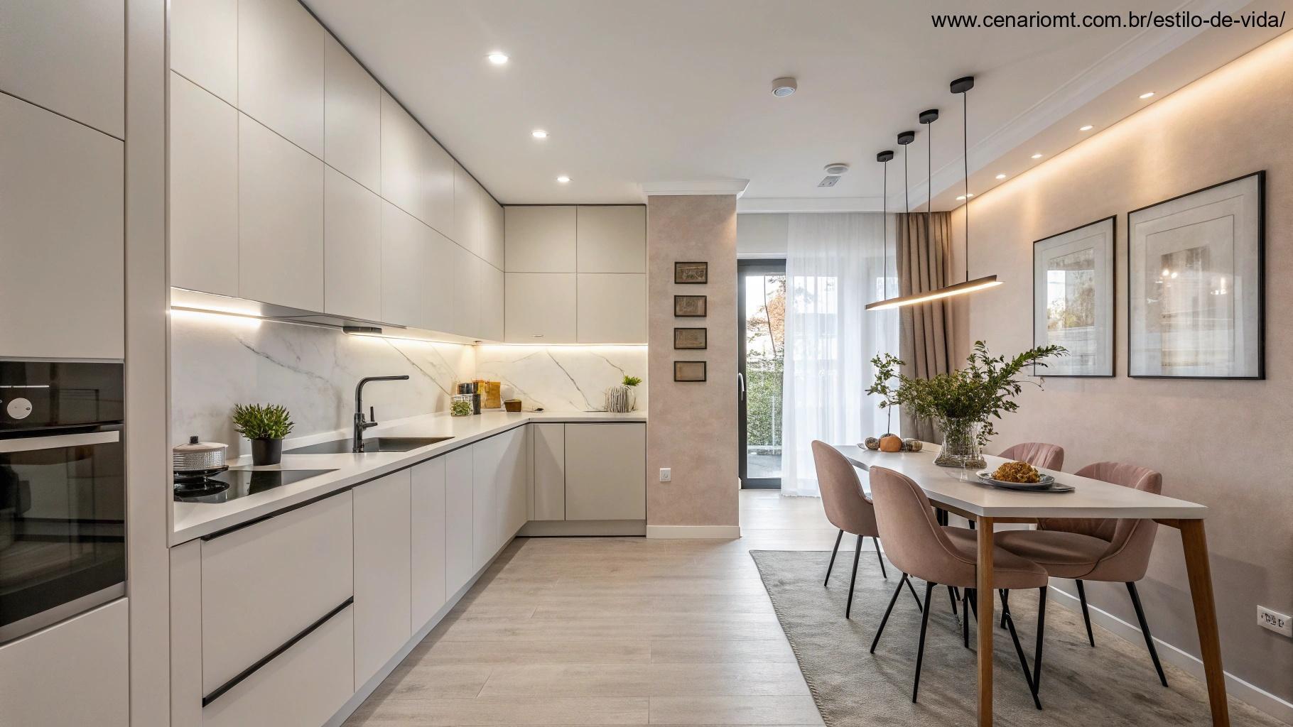 Cozinha moderna com paredes de cores suaves e decoração minimalista