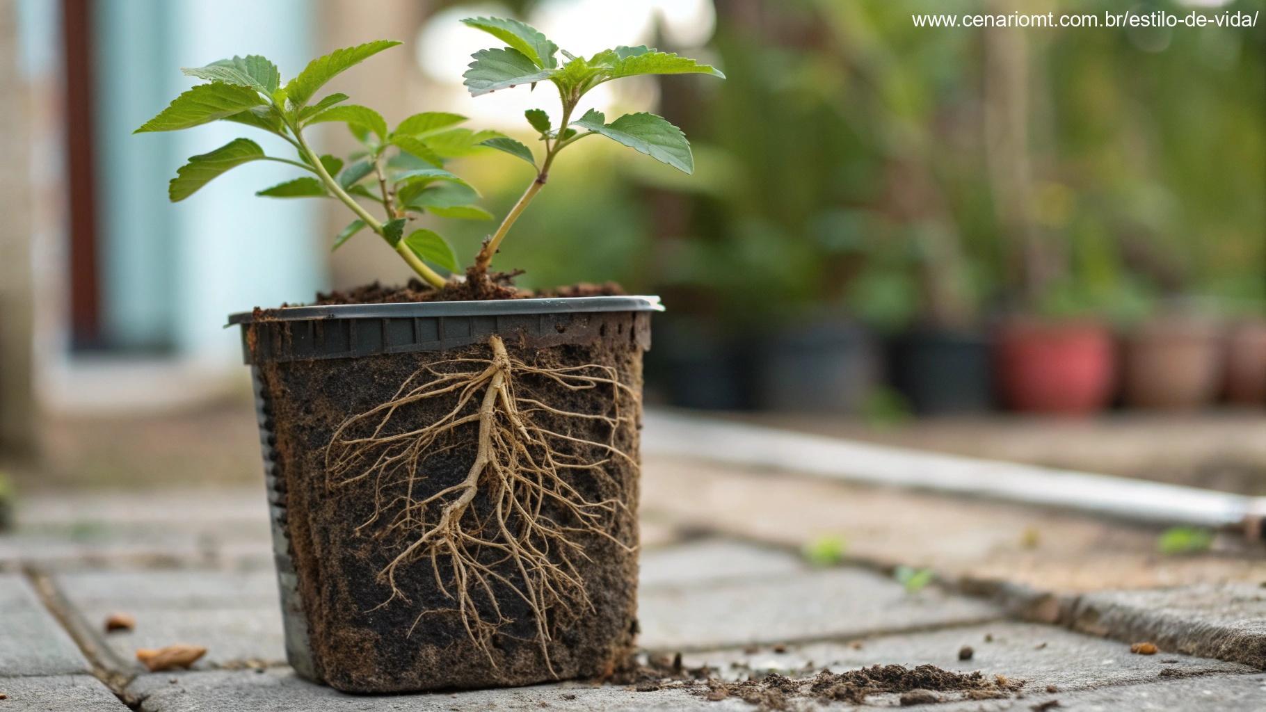 planta em vaso pequeno e apertado, mostrando raízes que são grandes demais para o recipiente