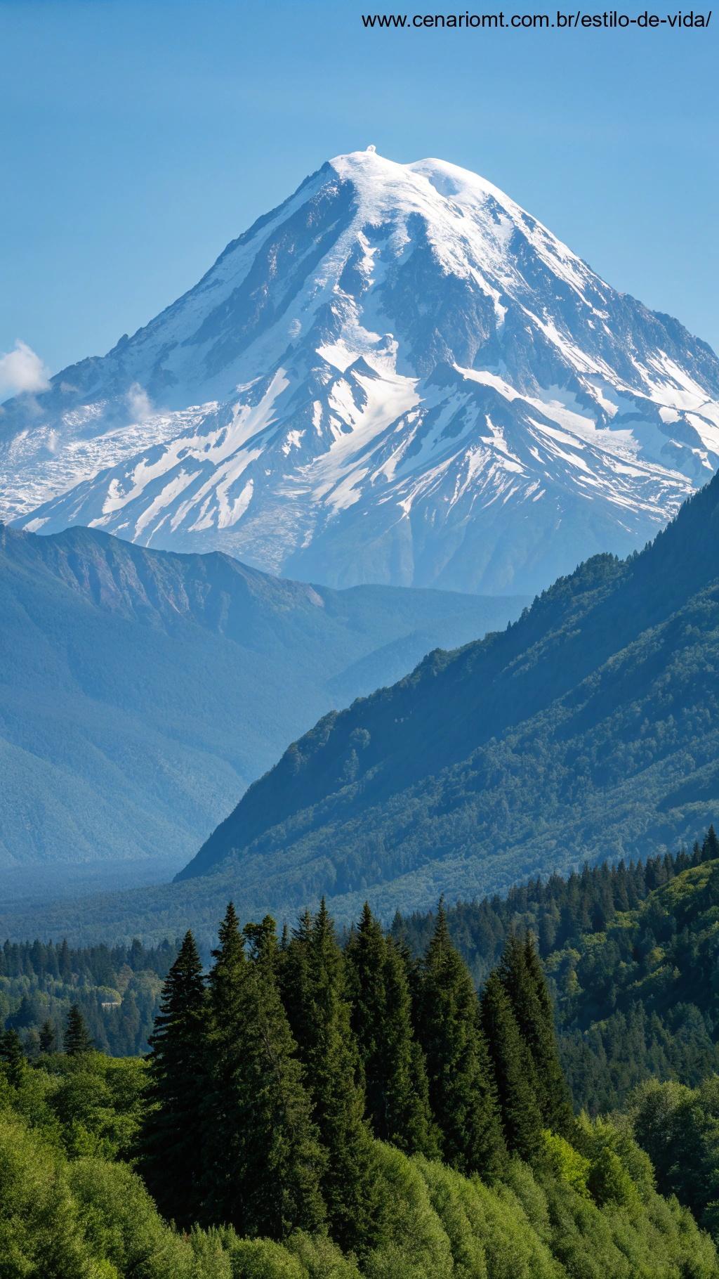 Montanha majestosa e protetora contra um céu azul claro.
