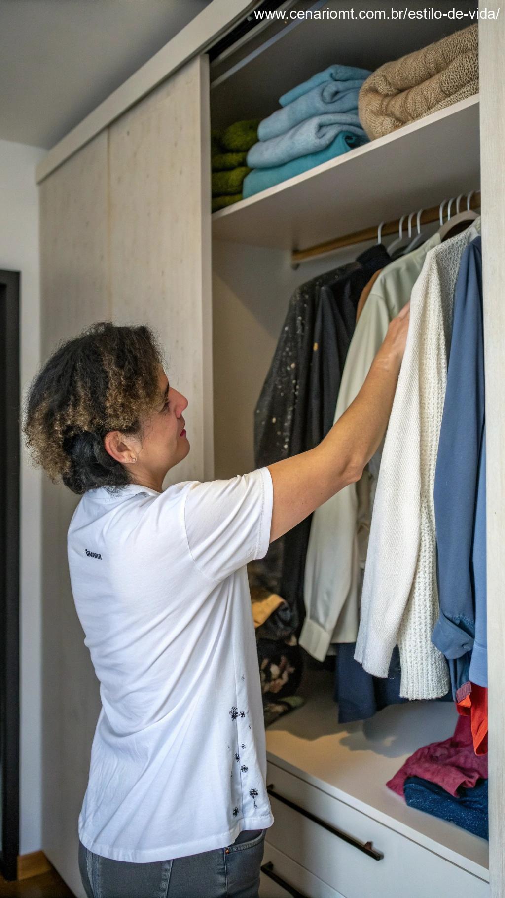 Uma pessoa removendo roupas úmidas de um armário, enfatizando a importância de não guardar itens molhados para evitar o crescimento de mofo