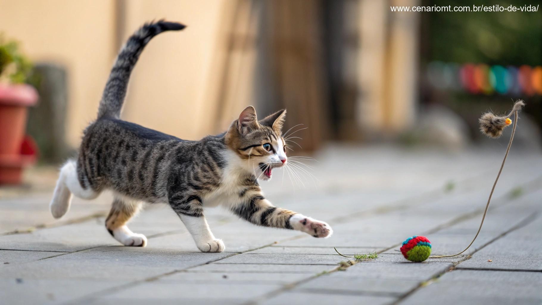 Gato brincando com um brinquedo, desafiando o mito da falta de brincadeiras.
