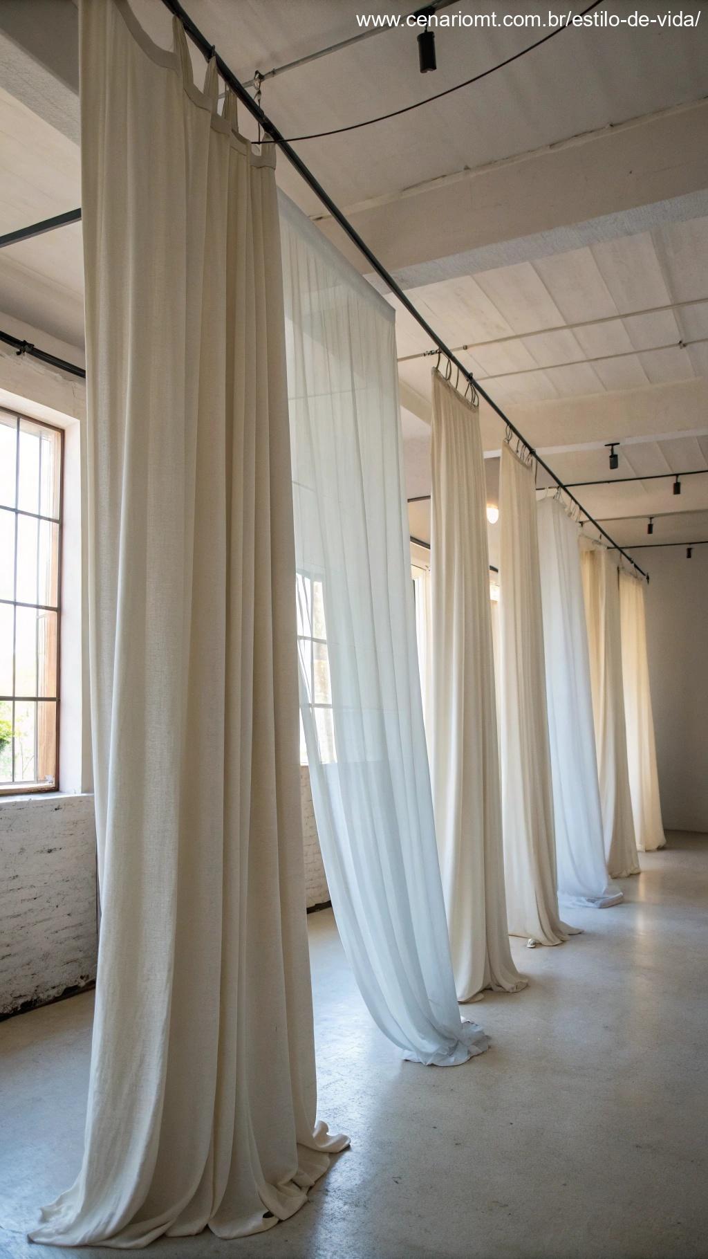 cortinas leves e claras pendendo do teto ao chão em uma sala pequena
