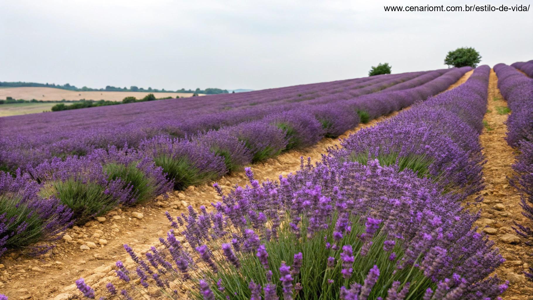 Um campo de lavanda com fileiras de flores roxas, irradiando beleza e fragrância.