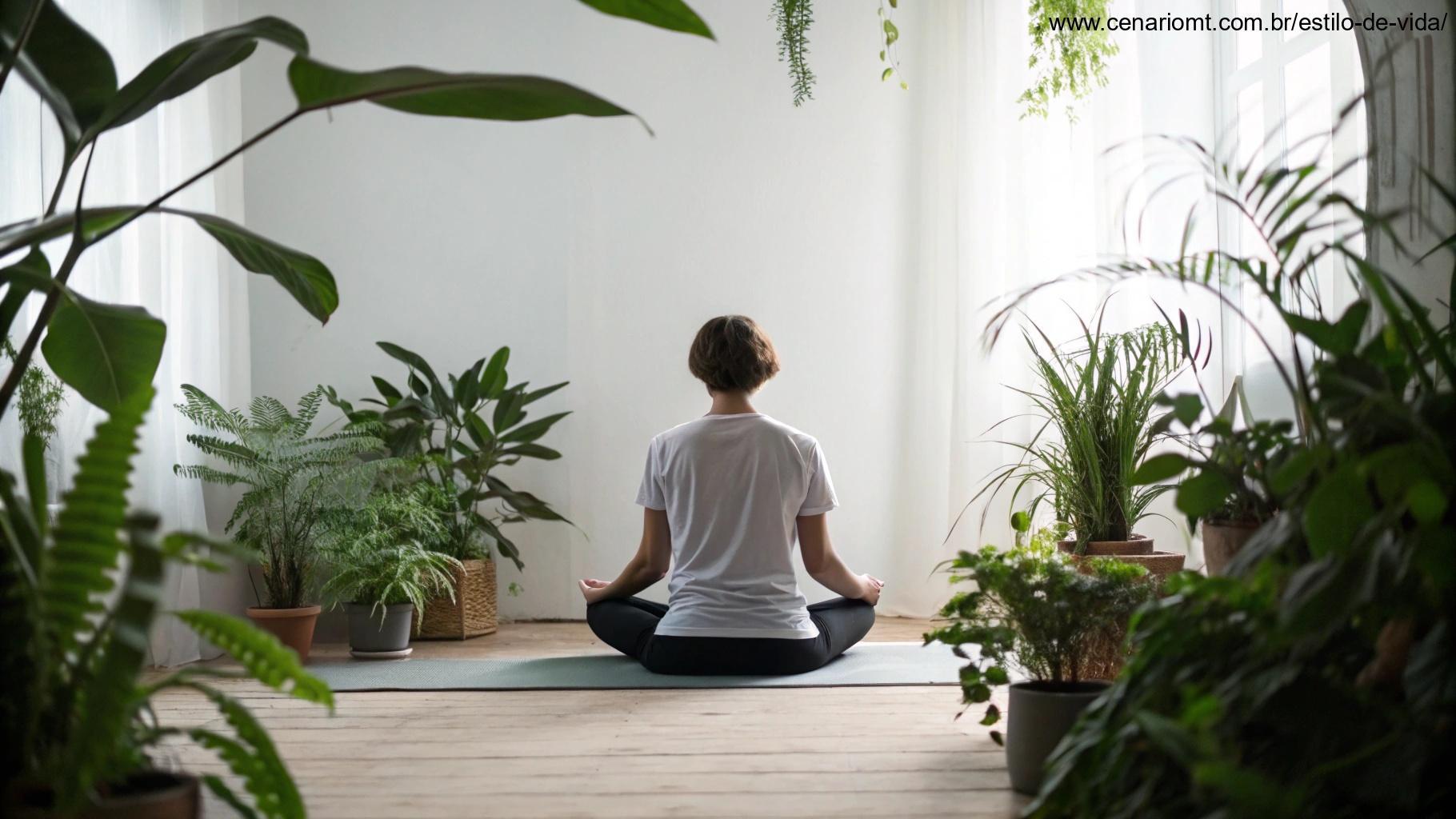 Pessoa meditando em um ambiente iluminado com plantas ao redor.
