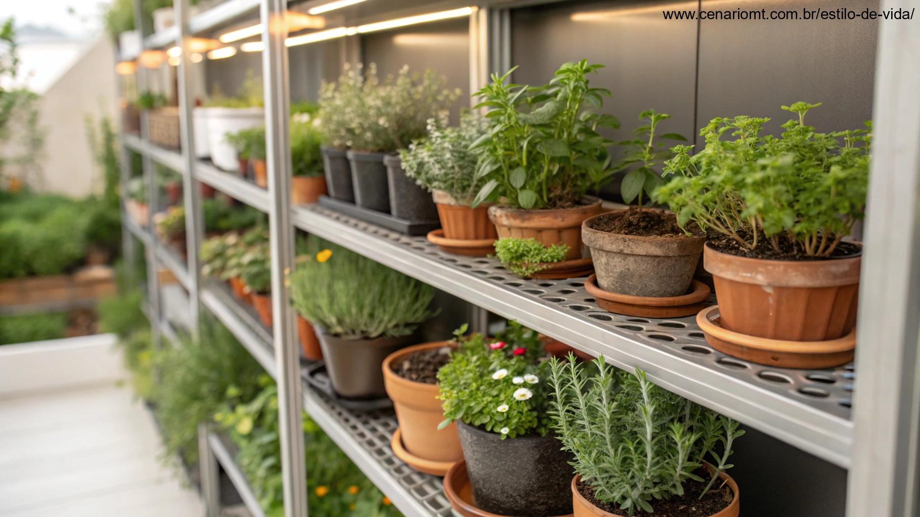 prateleiras com plantas e temperos organizados em um apartamento compacto