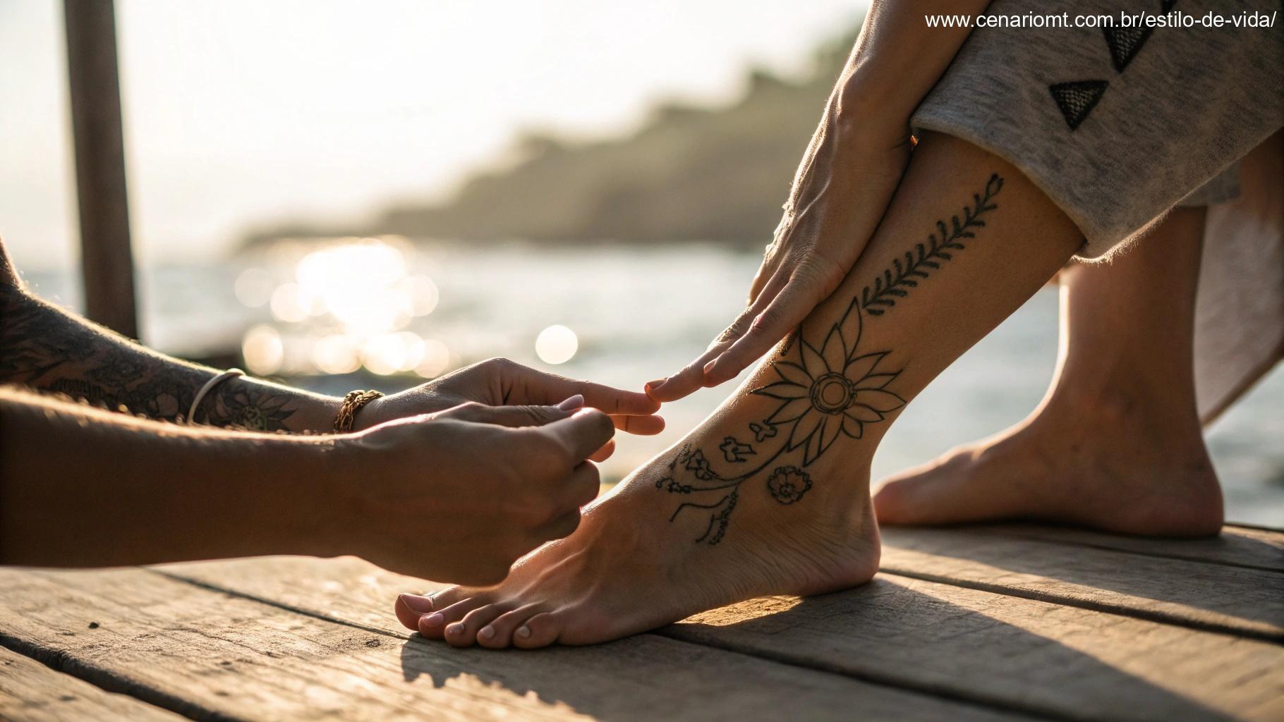 Imagem de pés e tornozelos sendo tatuados.