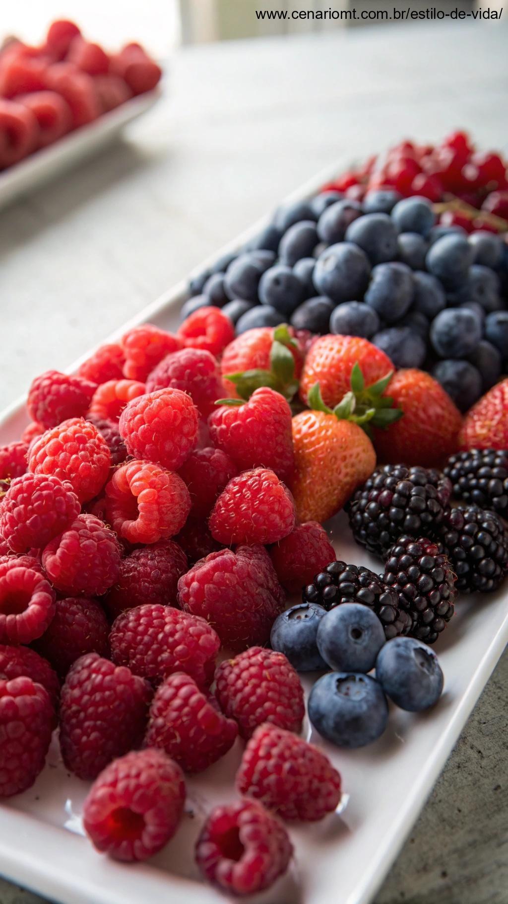 Variedade de frutas vermelhas e roxas dispostas em uma superfície plana.