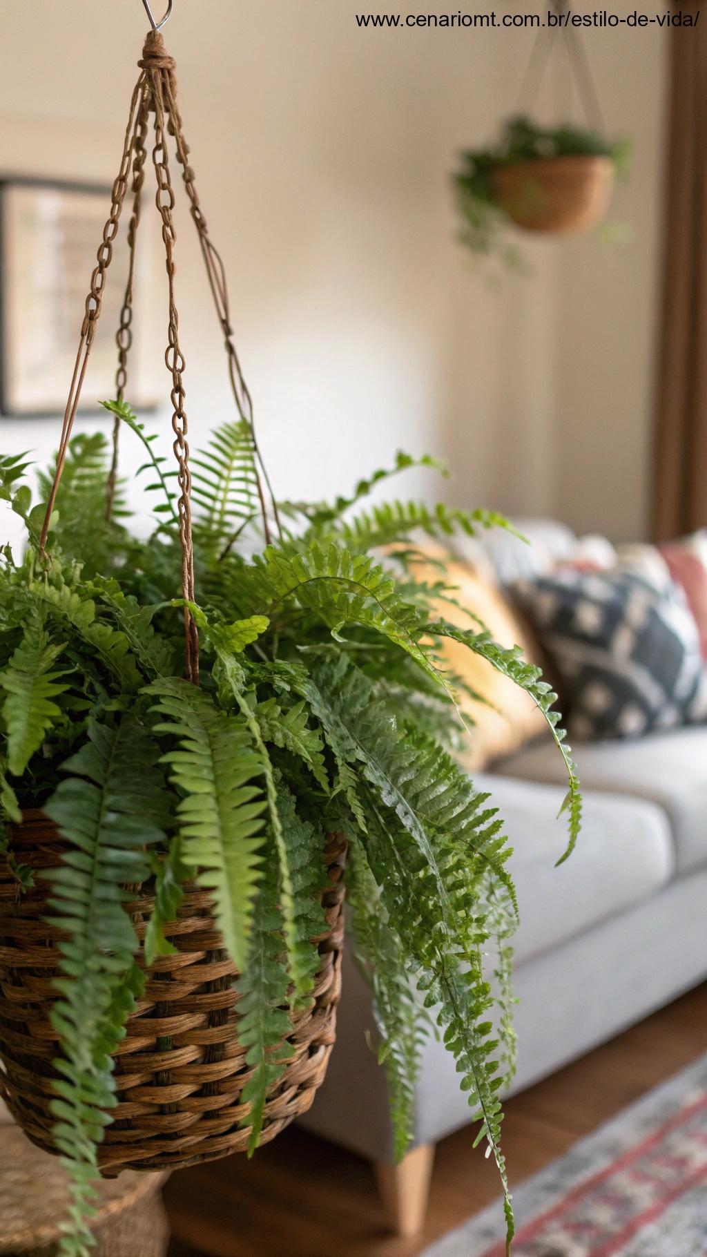 Imagem de uma planta Samambaia com folhas delicadas pendendo em uma cesta.