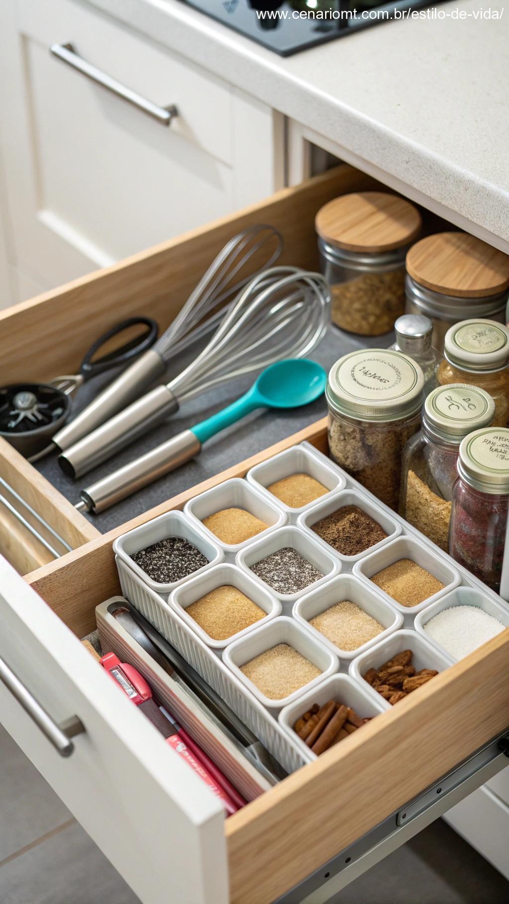 Gaveta de cozinha com itens separados por categorias, como utensílios de confeitaria ou temperos