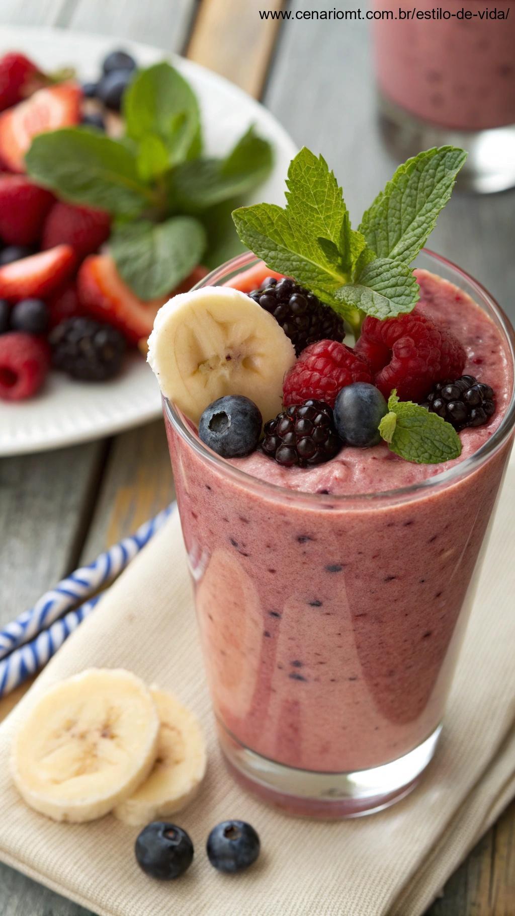 Smoothie de frutas frescas com banana, frutas vermelhas e hortelã.