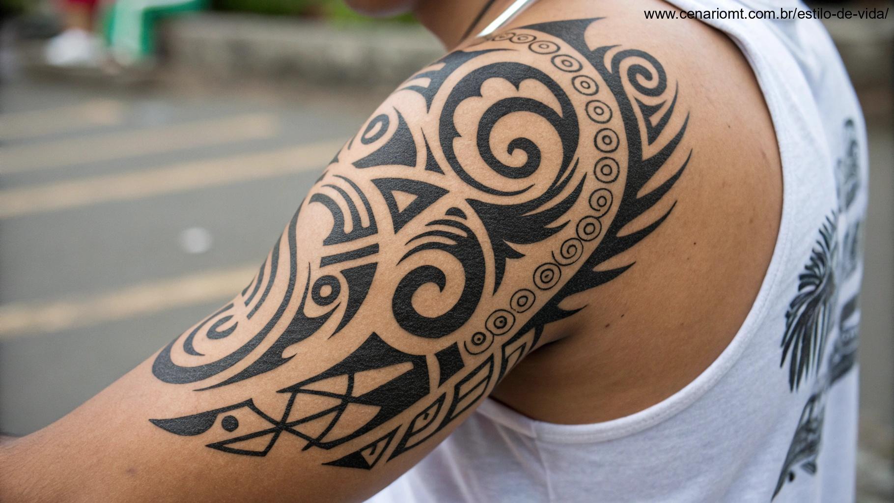 Uma tatuagem tribal com símbolos e padrões culturais antigos