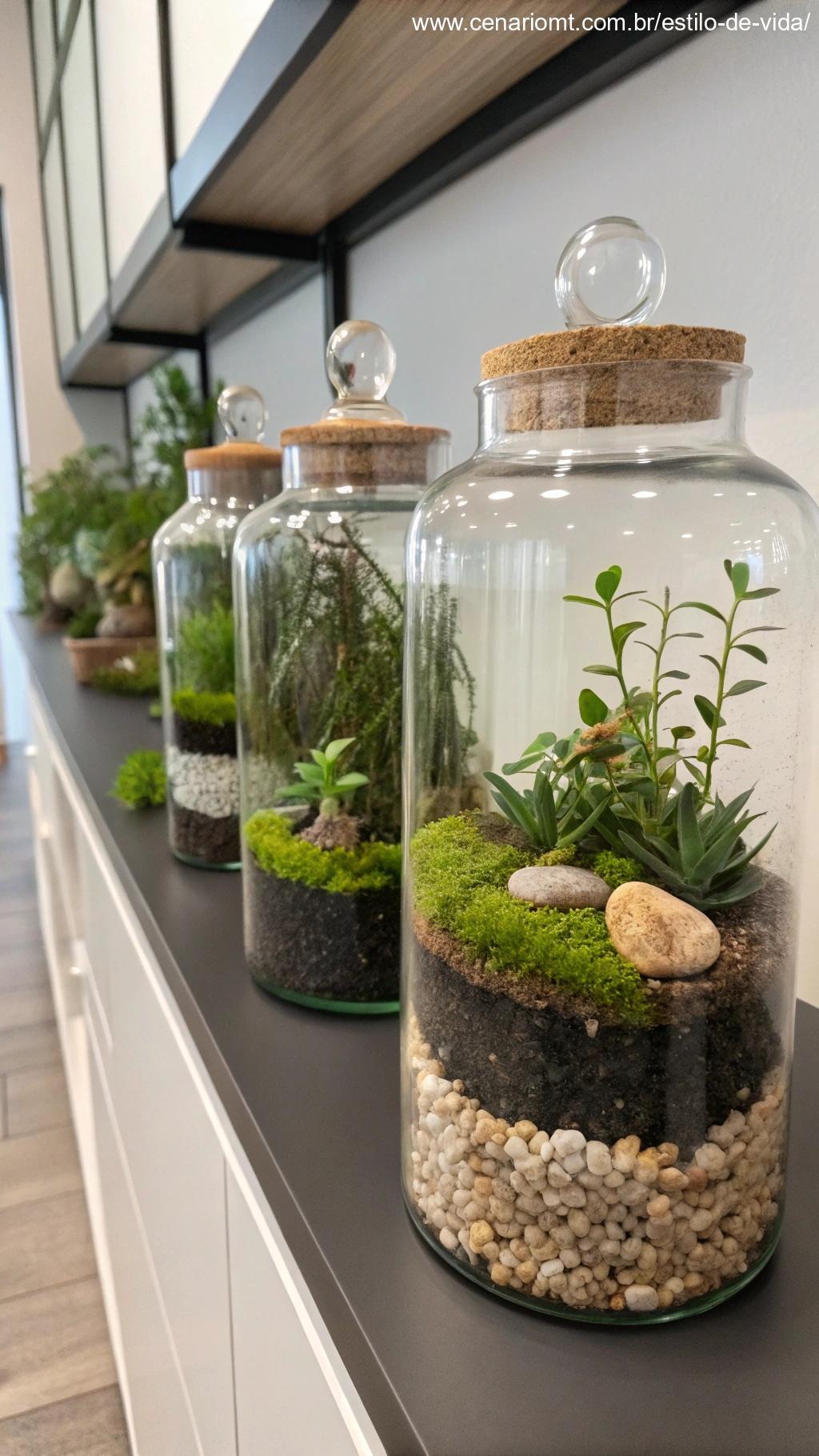 Terrários modernos criados com frascos de vidro, preenchidos com pequenas plantas, pedras e musgo, expostos em uma prateleira elegante