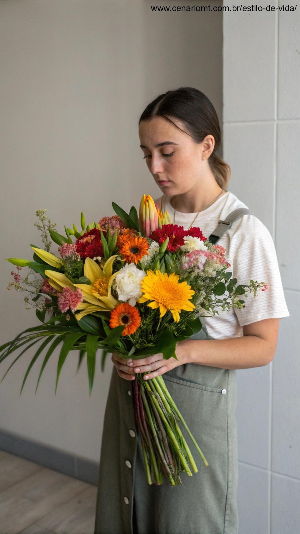 Uma donzela meticulosa segurando um buquê perfeitamente arranjado, simbolizando teimosia perfeccionista