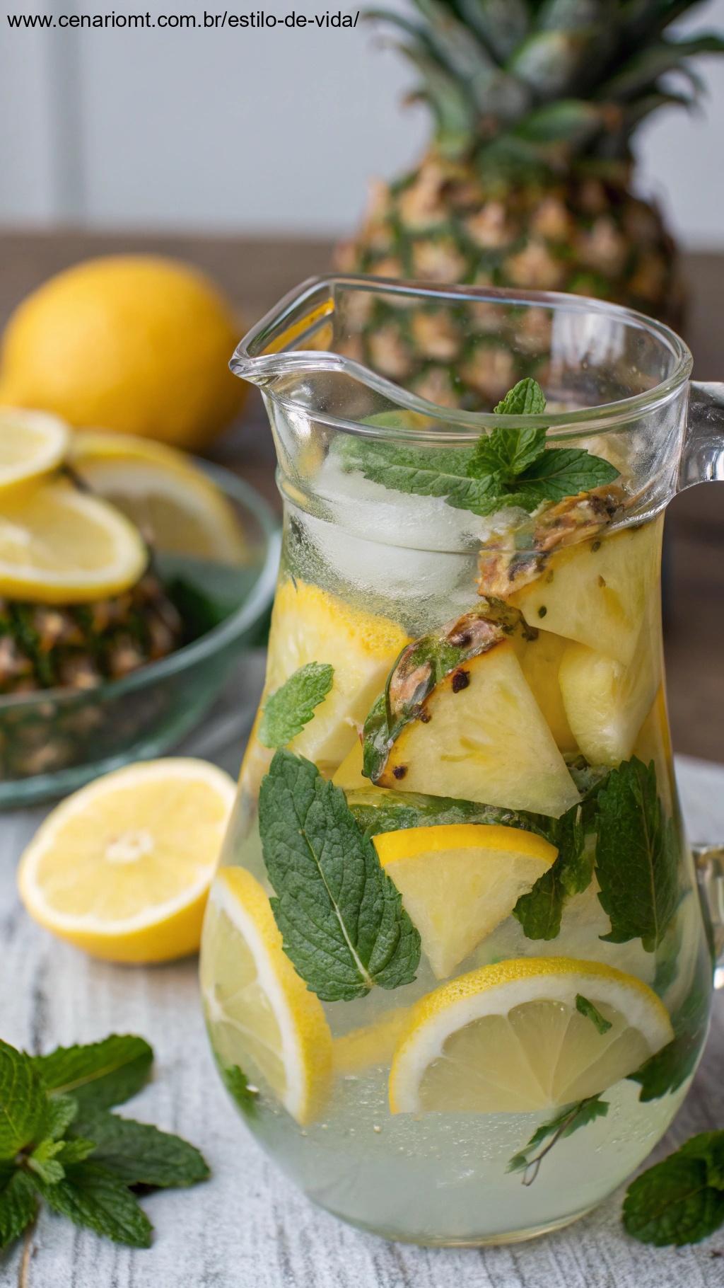 Jarro de água detox com fatias de abacaxi, folhas de hortelã e limão.