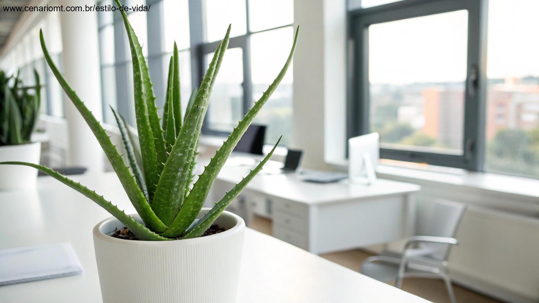 Aloe Vera em um vaso branco minimalista, próximo a uma janela iluminada.