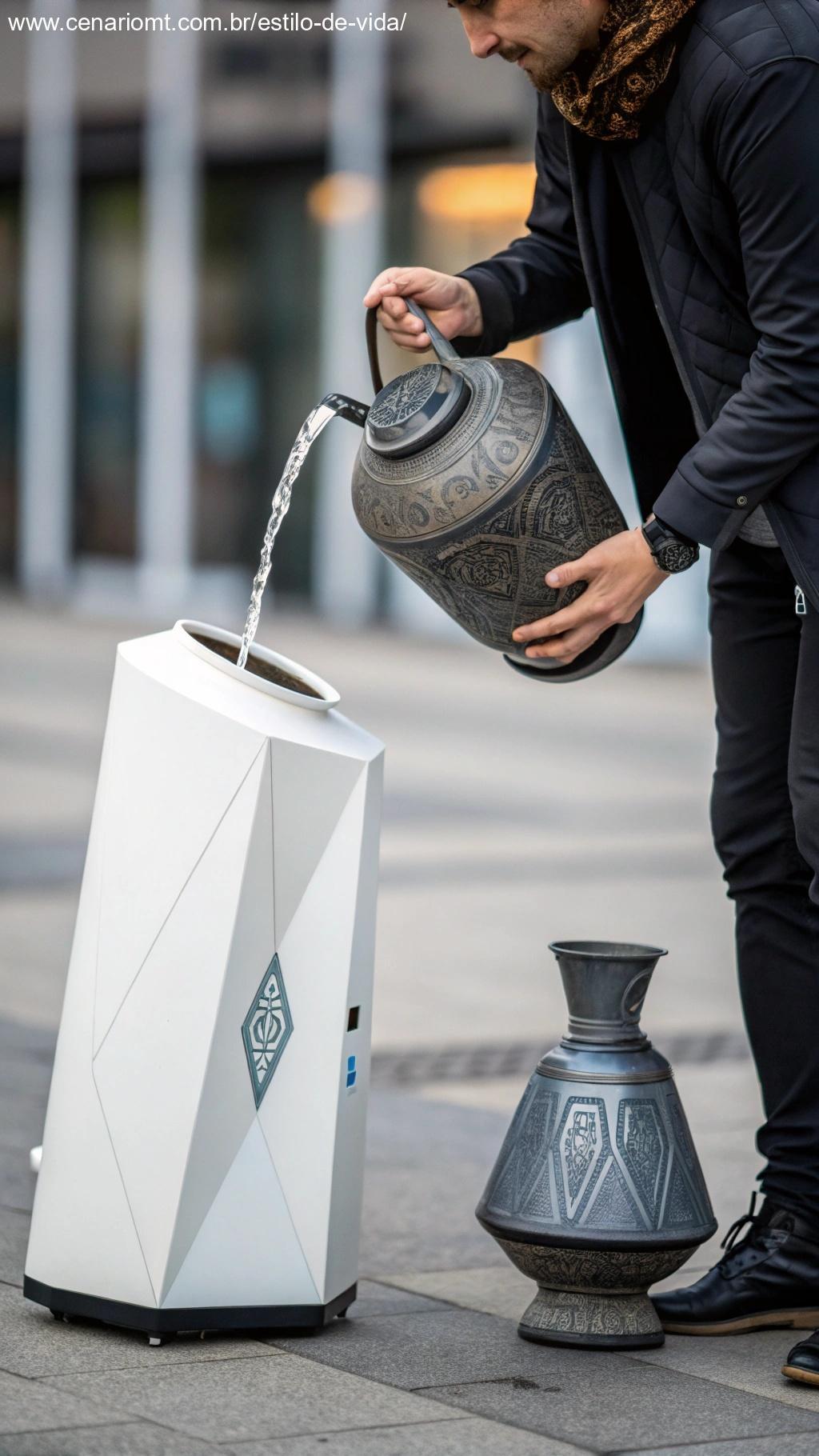 Um aquariano inovador derramando água em um design futurista, representando teimosia inovadora