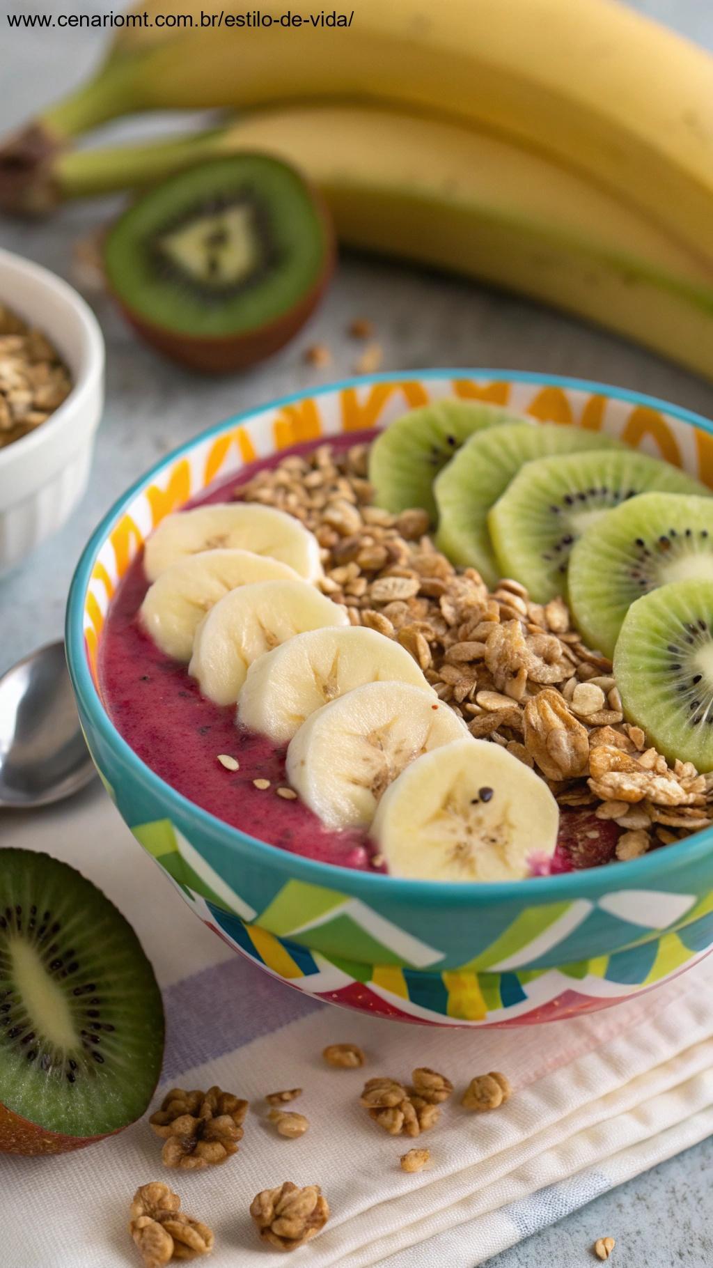 Tigela de smoothie colorido com fatias de banana, kiwi e granola.