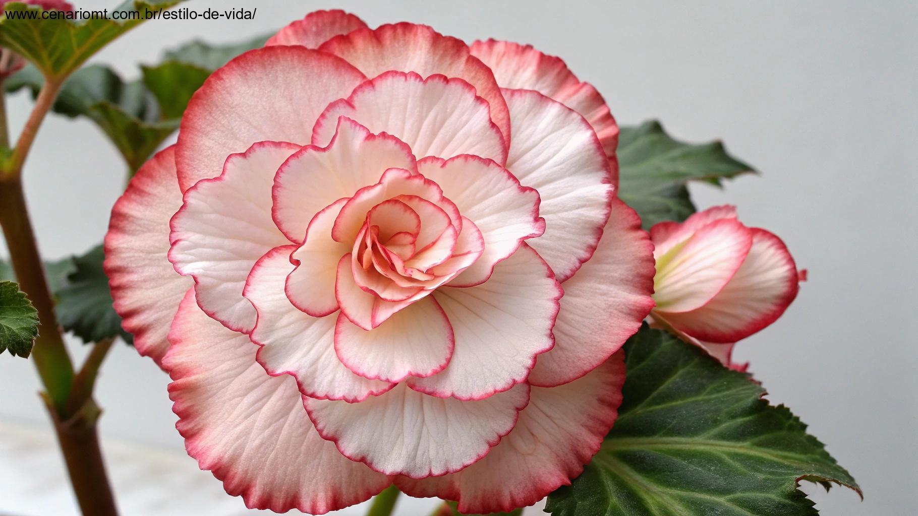 Uma flor de begônia com pétalas intrincadas em tons suaves de rosa, vermelho e branco, exibindo cores sofisticadas.