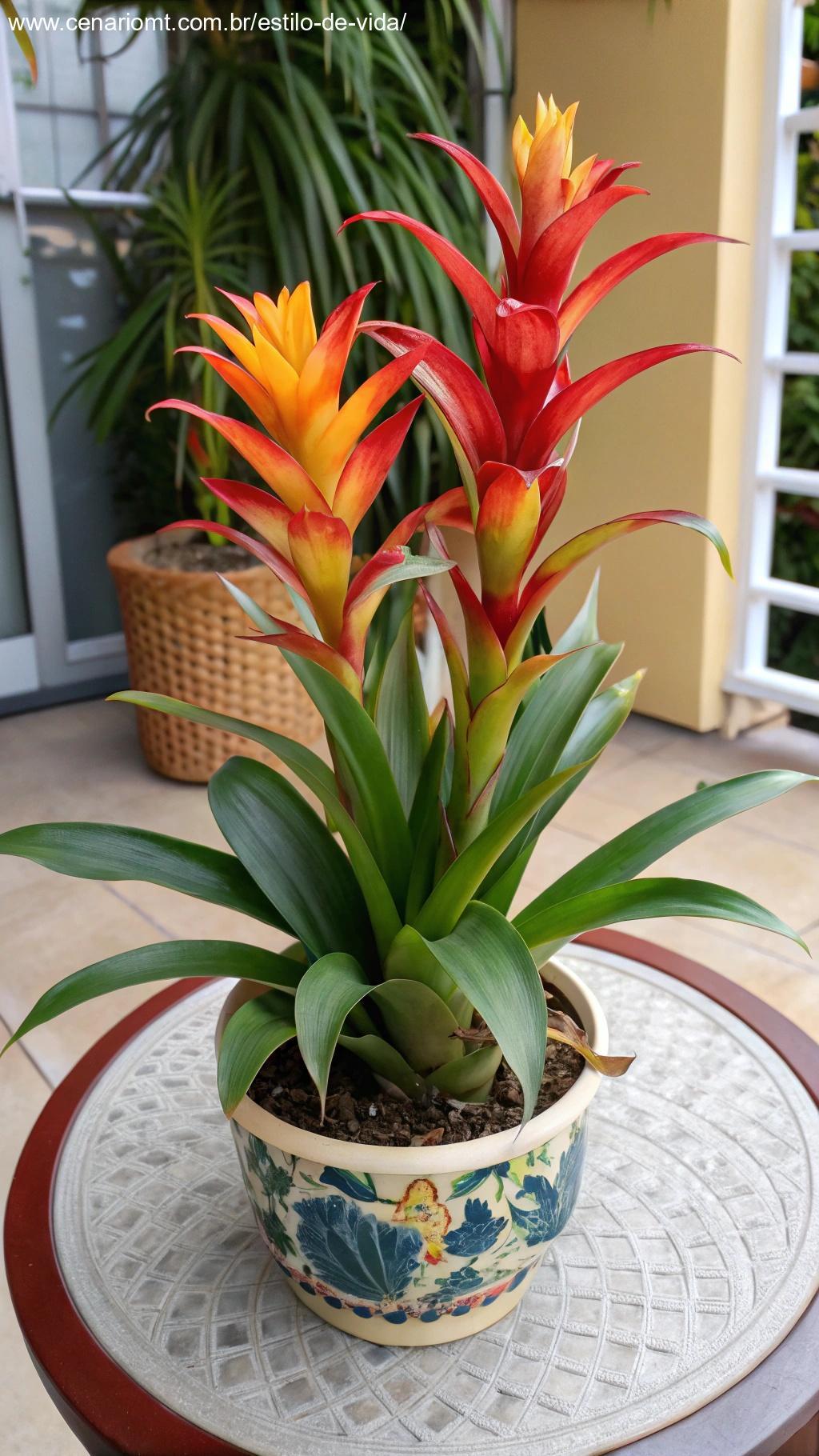 Imagem de uma planta Bromélia com flores vibrantes em tons de vermelho e laranja.
