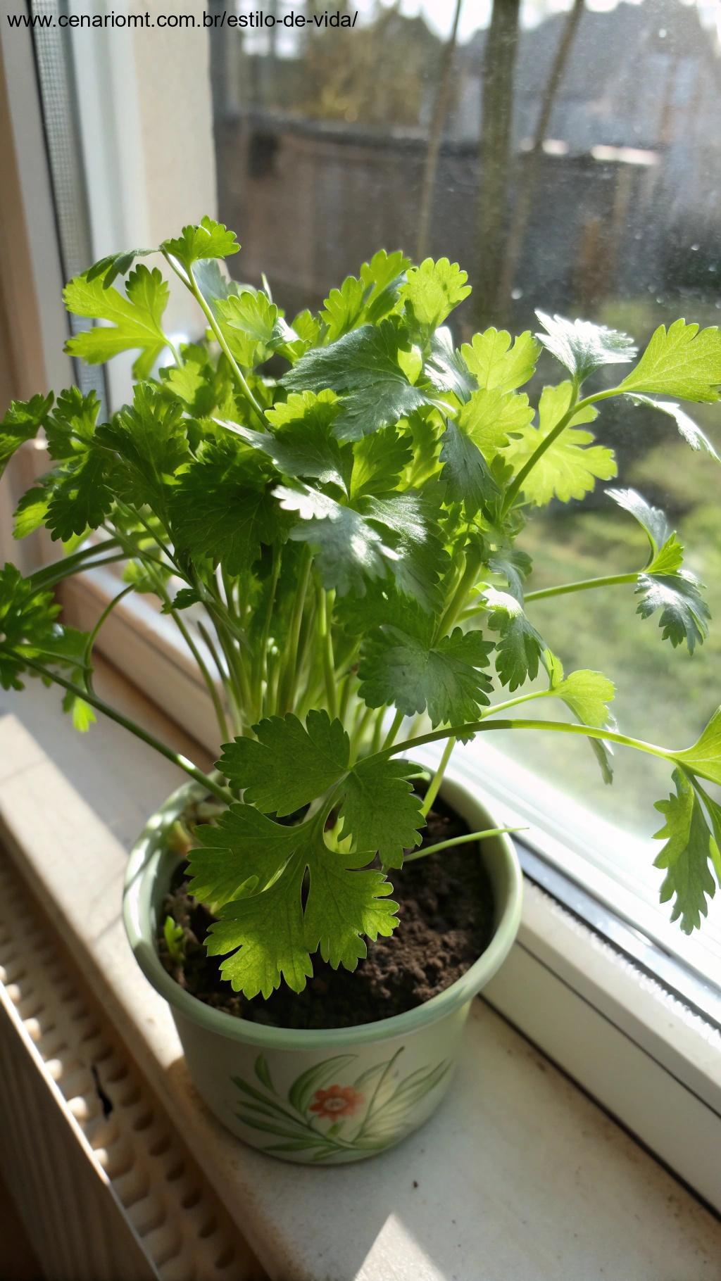 Planta de coentro com folhas verdes vibrantes, em um vaso pequeno.