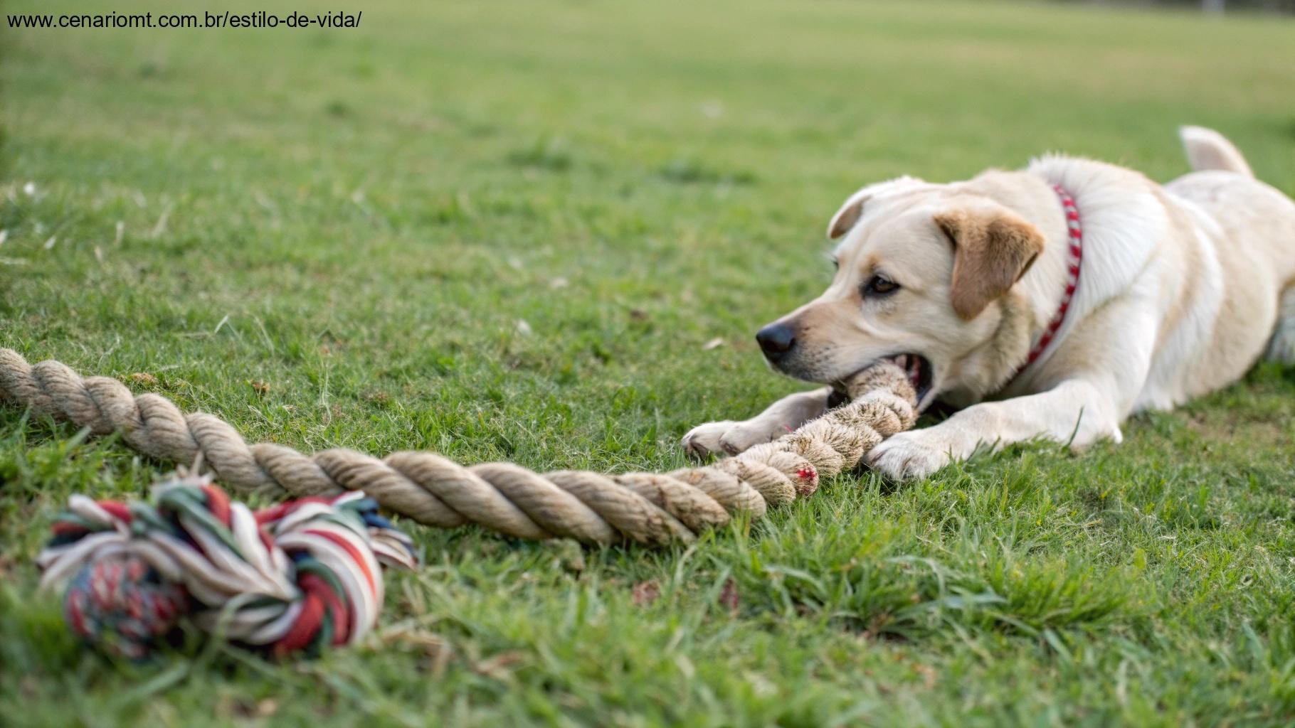 Corda resistente para cães, posicionada em um campo gramado.